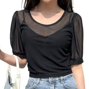 Dazy Black Sheer Mesh Blouse, Puff Sleeve Casual Chic Cropped Top Size XL